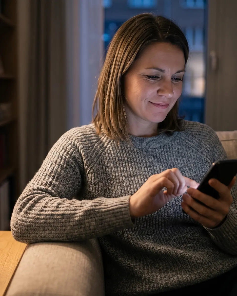 Symbolbild: Eine Frau trägt abends auf dem Sofa eine Fahrt im Telefon ein, KI-generiert